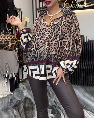 Fashion Lantern Sleeve Lapel Leopard Print Blouse