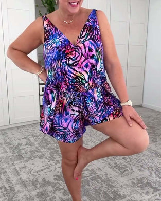 V-Neck Colorful Print One-Piece Swimsuit