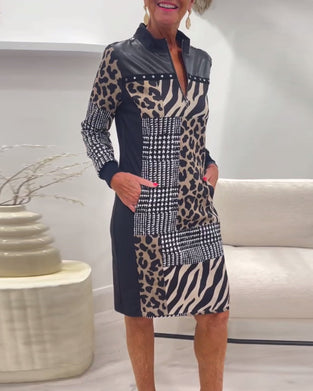 Stylish leopard print patchwork zipper pocket dress