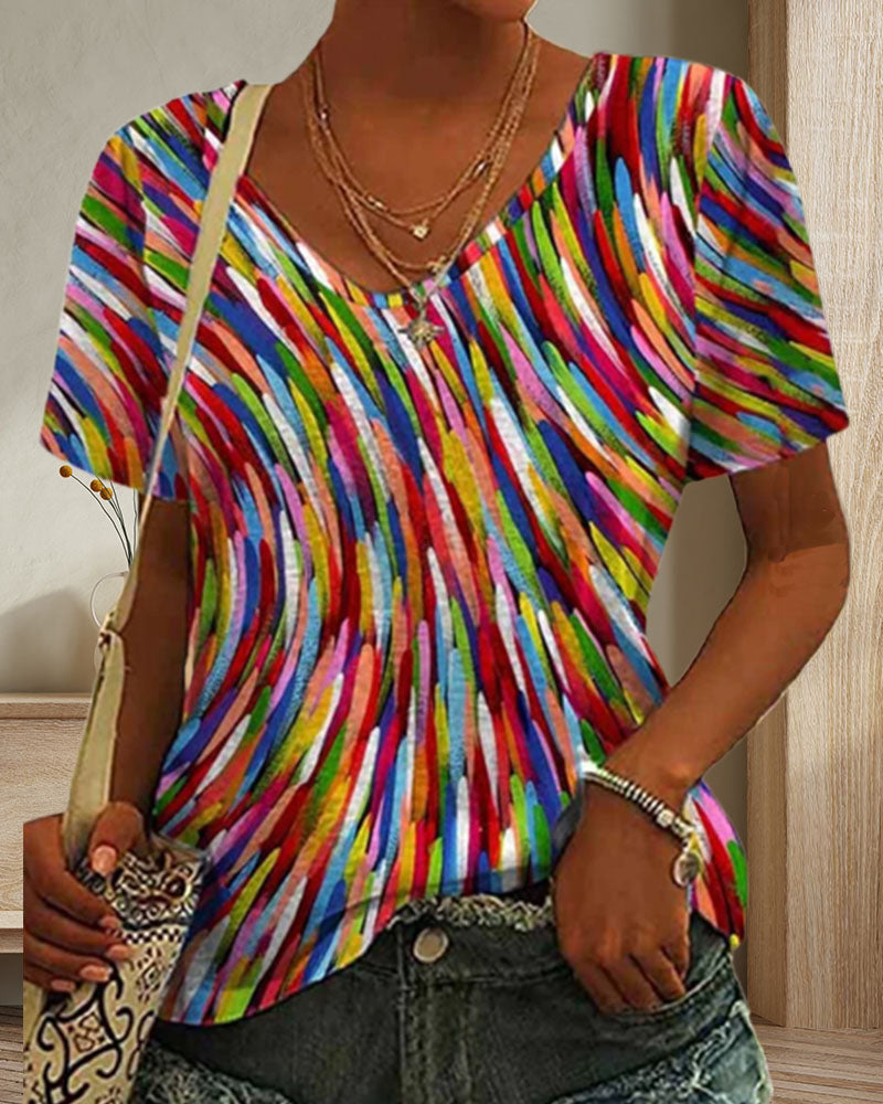 Round neck colorful print T-shirt – iktops