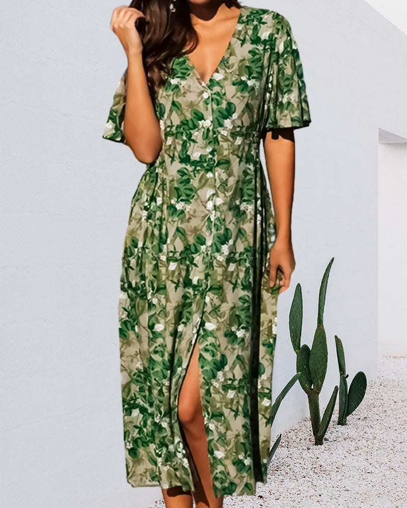 V-neck floral print slit dress – iktops