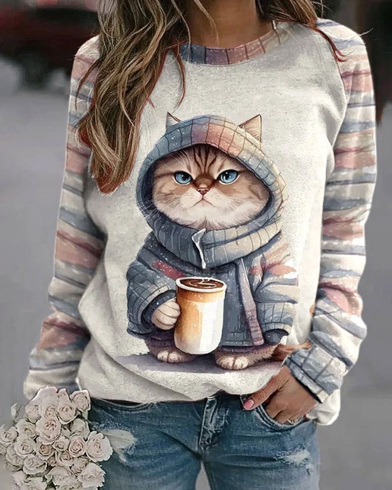 Cute cat print sweatshirt – iktops