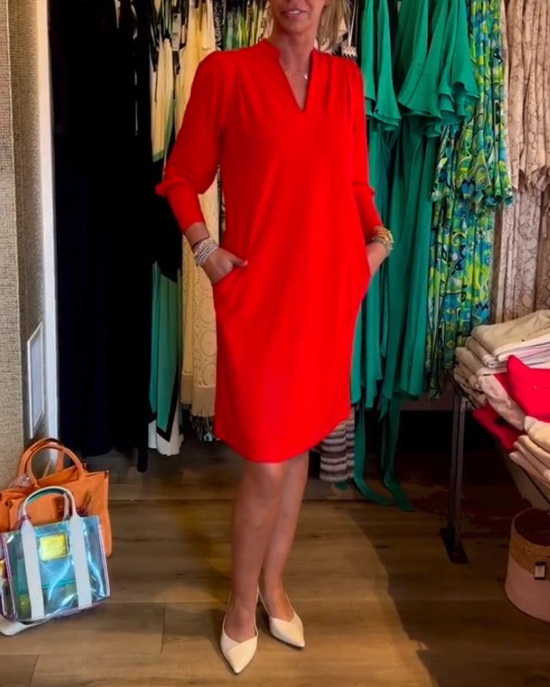 Solid color V-neck Long Sleeve Dress – iktops